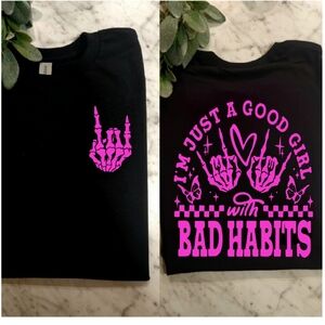 Good girl with bad habits shirt humor retro cute black and pink